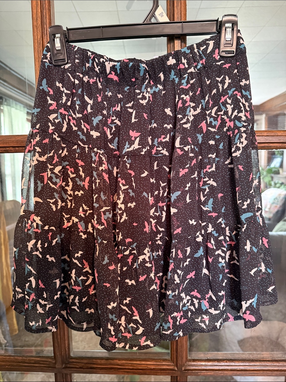 H&M Black Tiered Skirt with Pink, Blue & White Bird Print